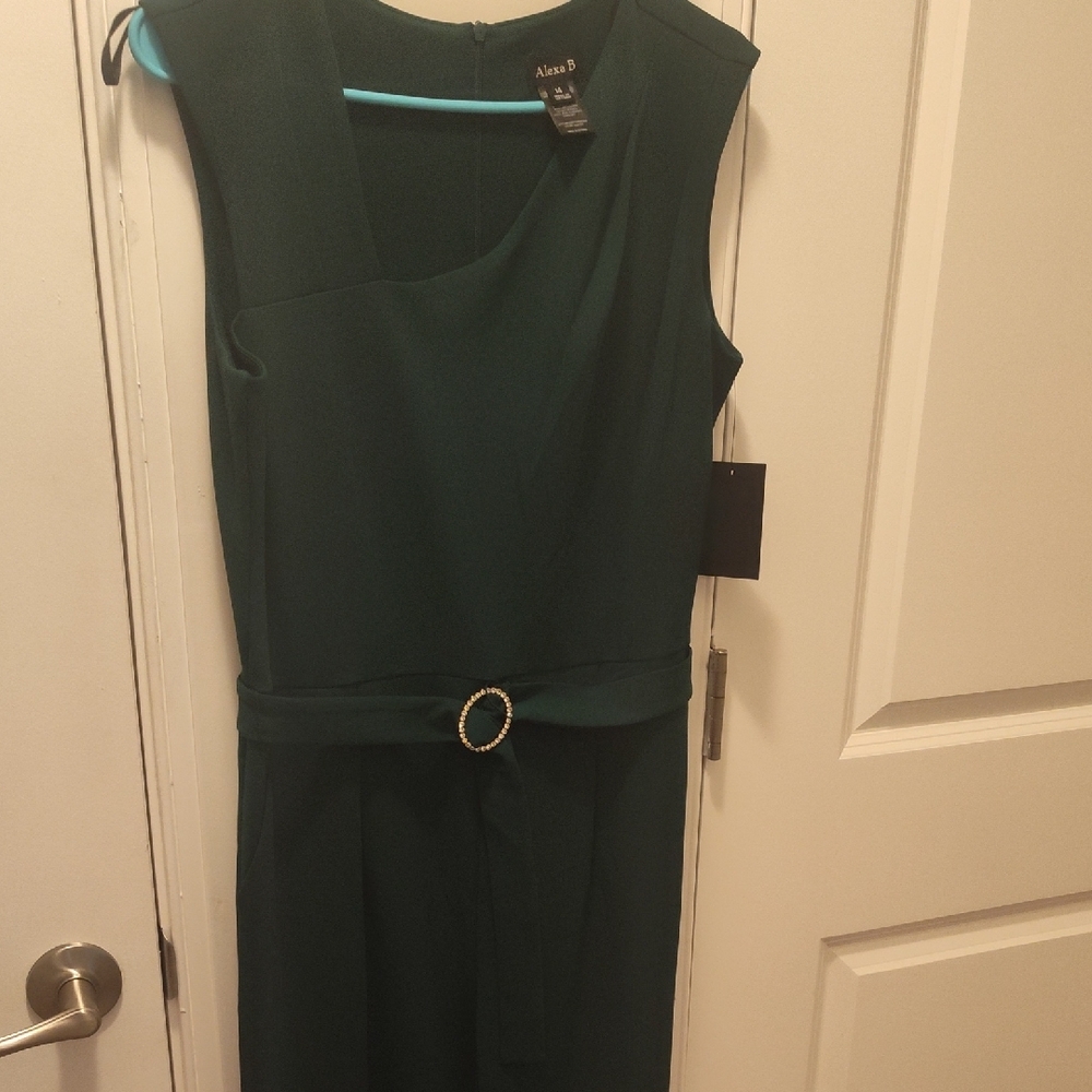 Elegant Green Jumpsuit with Rhinestone Belt.